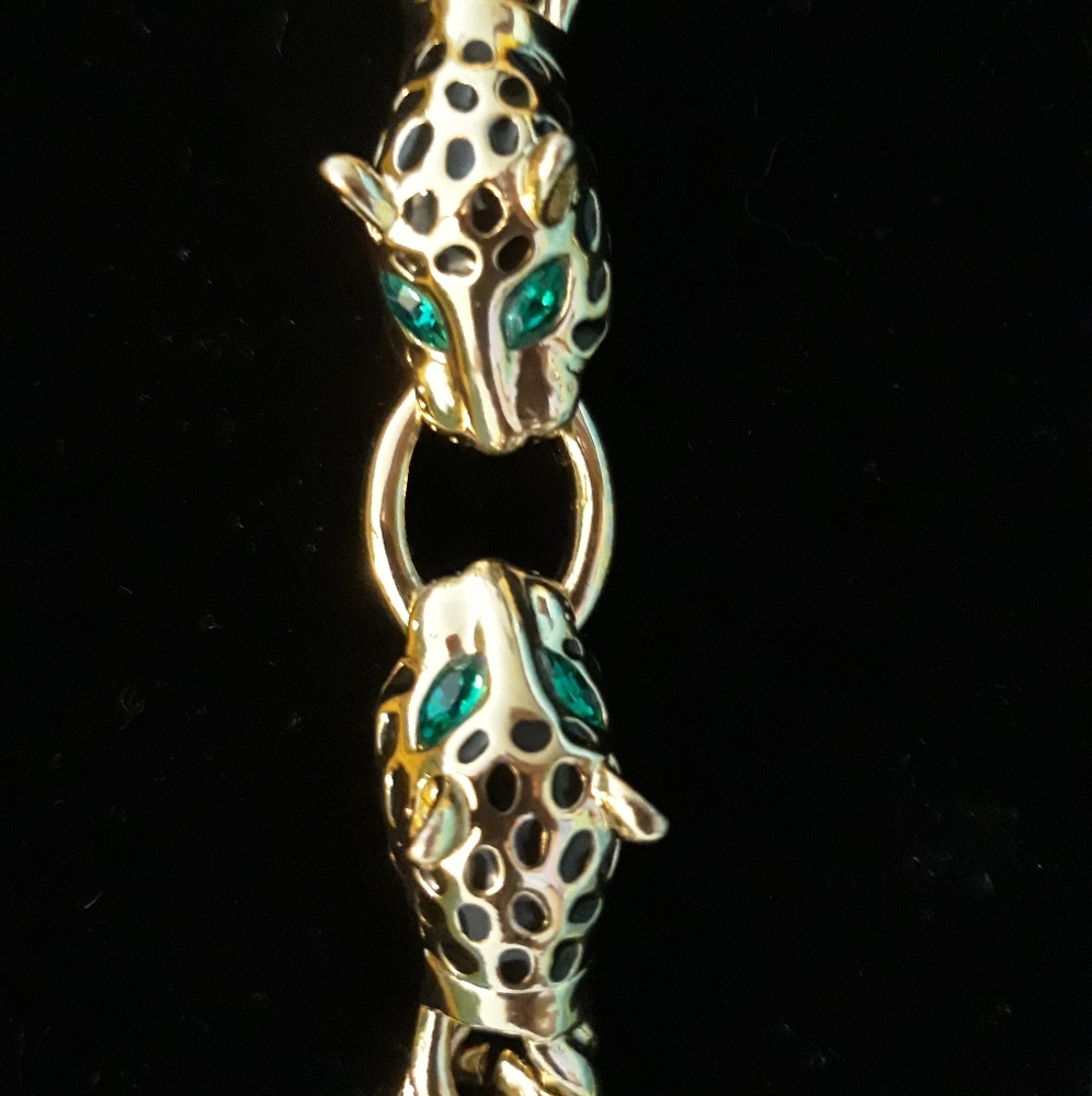 Vintage Double Leopard Head with Green Rhinestone Eyes Chunky Chain Bracelet - Picture 4 of 15
